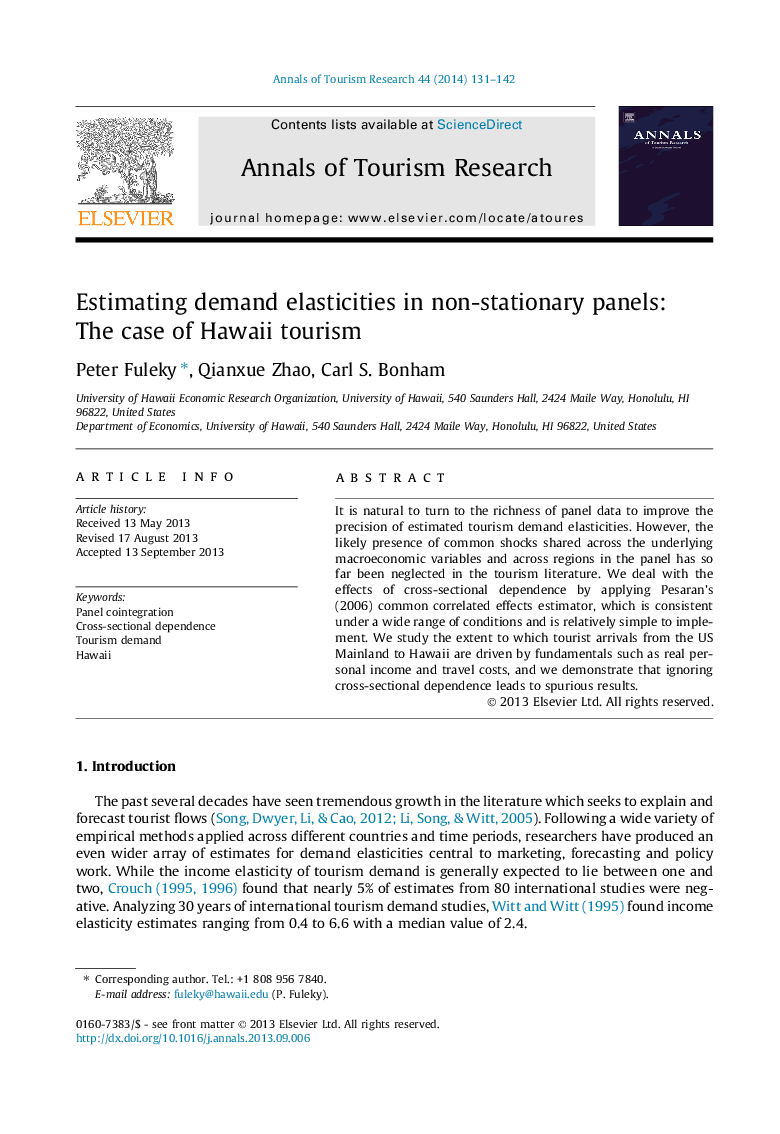 Estimating demand elasticities in non-stationary panels: The case of Hawaii tourism