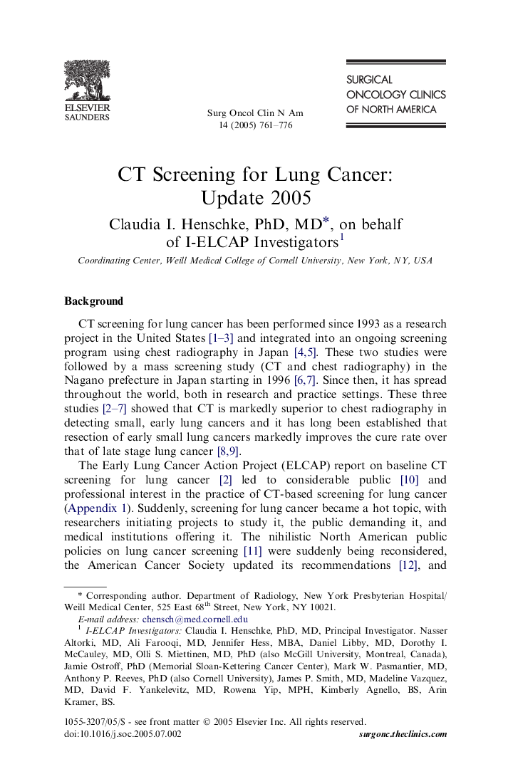 CT Screening for Lung Cancer: Update 2005