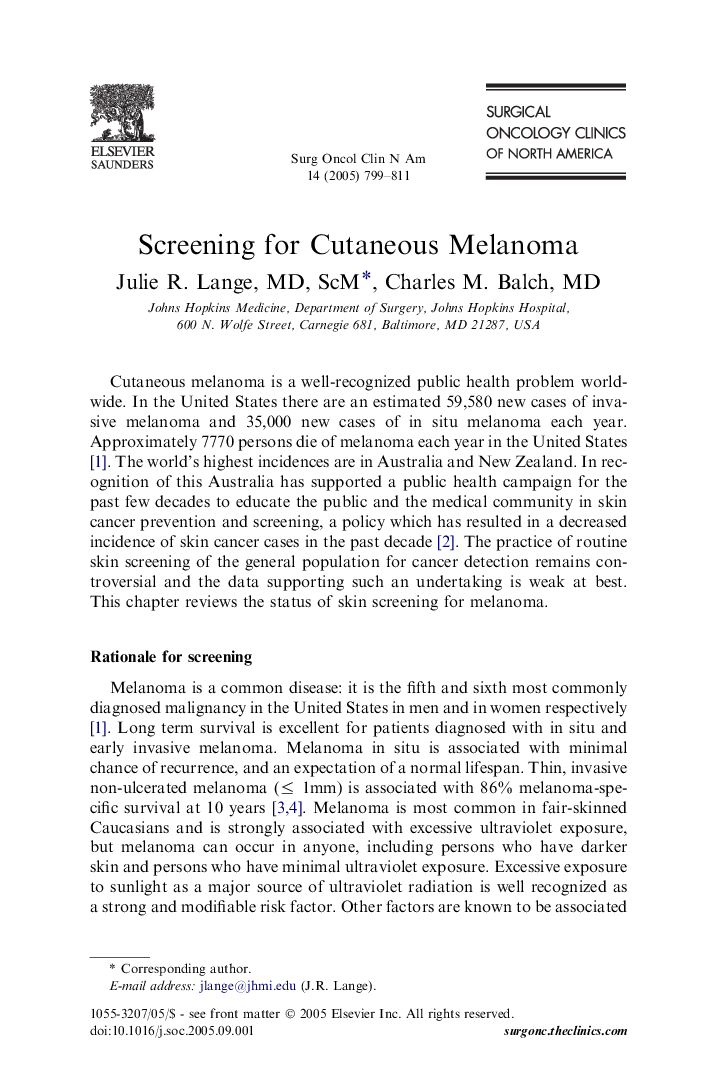 Screening for Cutaneous Melanoma