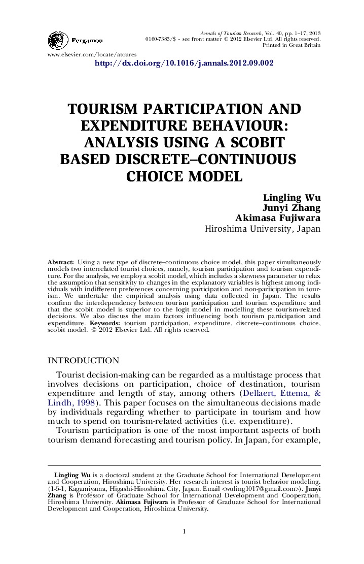 Tourism participation and expenditure behaviour: Analysis using a scobit based discrete–continuous choice model