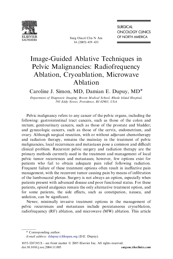 Image-Guided Ablative Techniques in Pelvic Malignancies: Radiofrequency Ablation, Cryoablation, Microwave Ablation