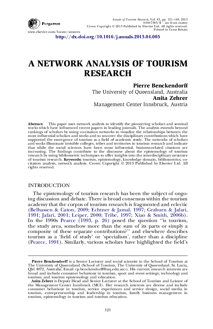 A NETWORK ANALYSIS OF TOURISM RESEARCH