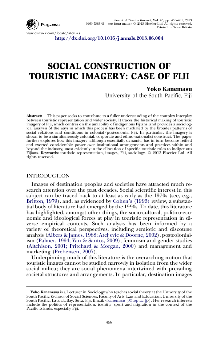 SOCIAL CONSTRUCTION OF TOURISTIC IMAGERY: CASE OF FIJI