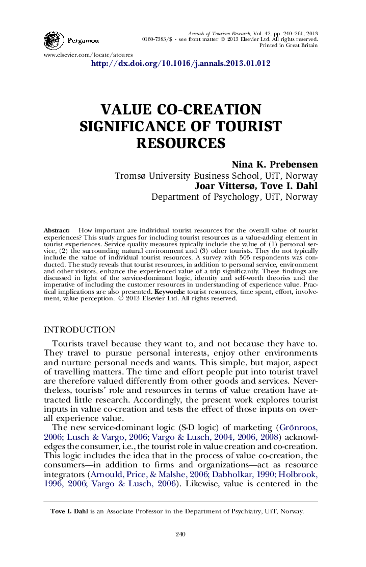 VALUE CO-CREATION SIGNIFICANCE OF TOURIST RESOURCES