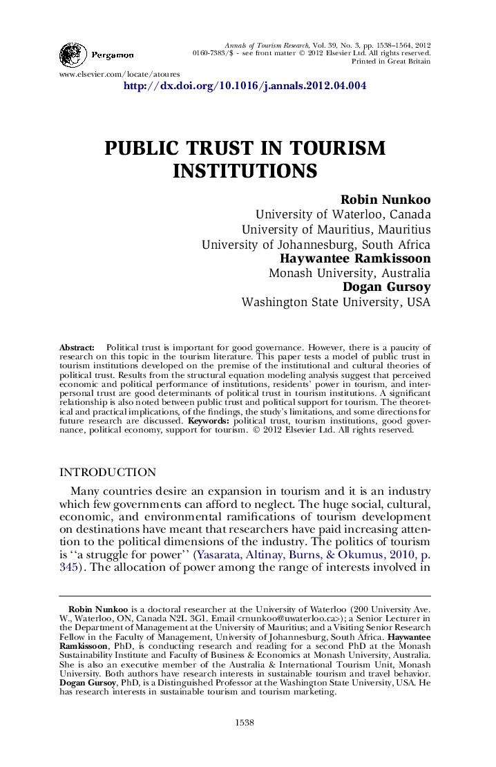 Public trust in tourism institutions