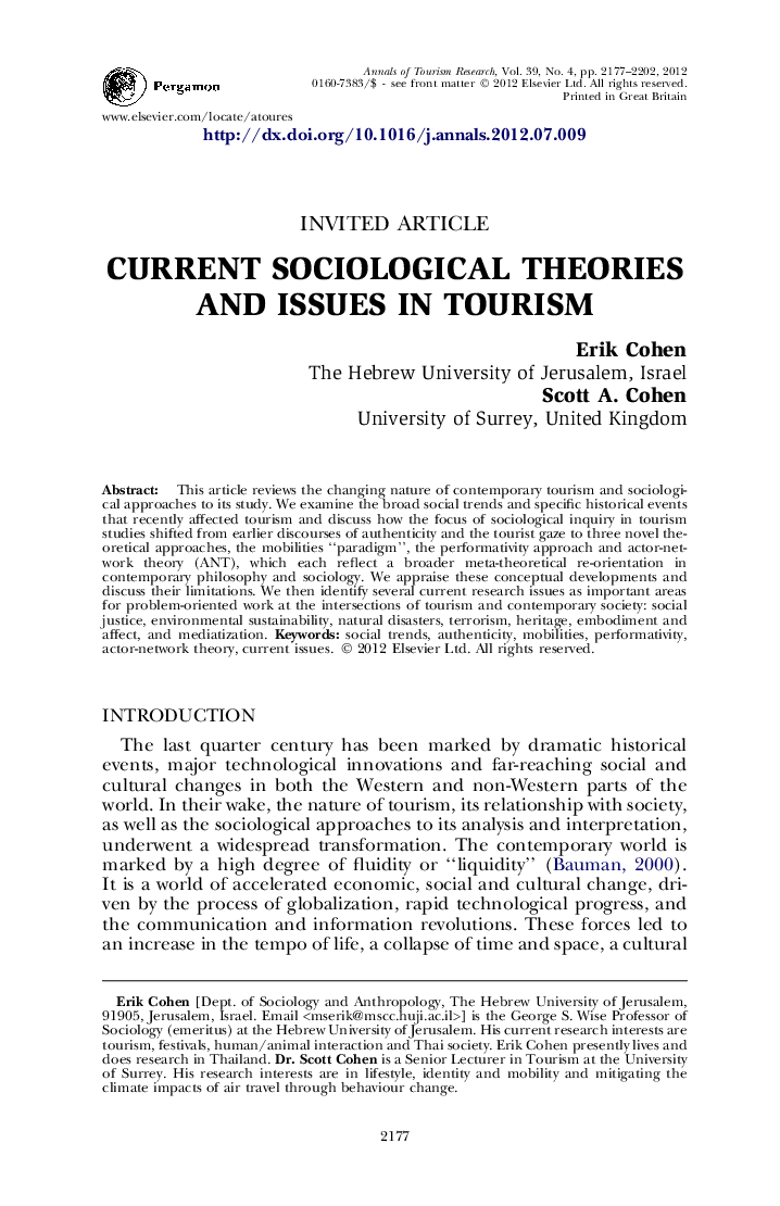 Current sociological theories and issues in tourism