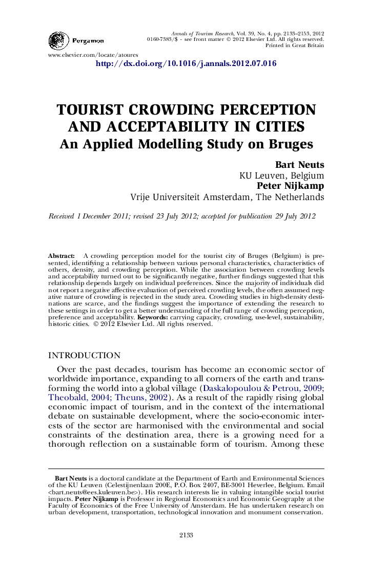 Tourist crowding perception and acceptability in cities: An Applied Modelling Study on Bruges