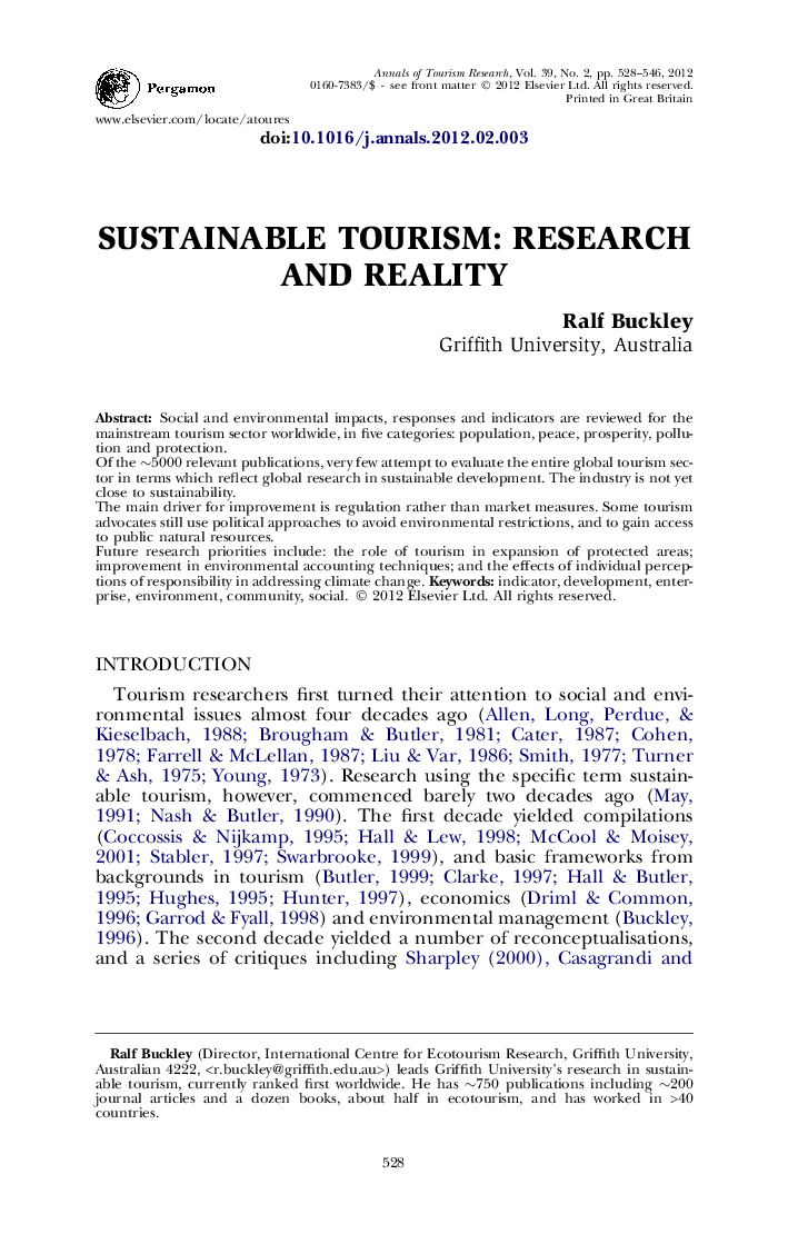 Sustainable tourism: Research and reality