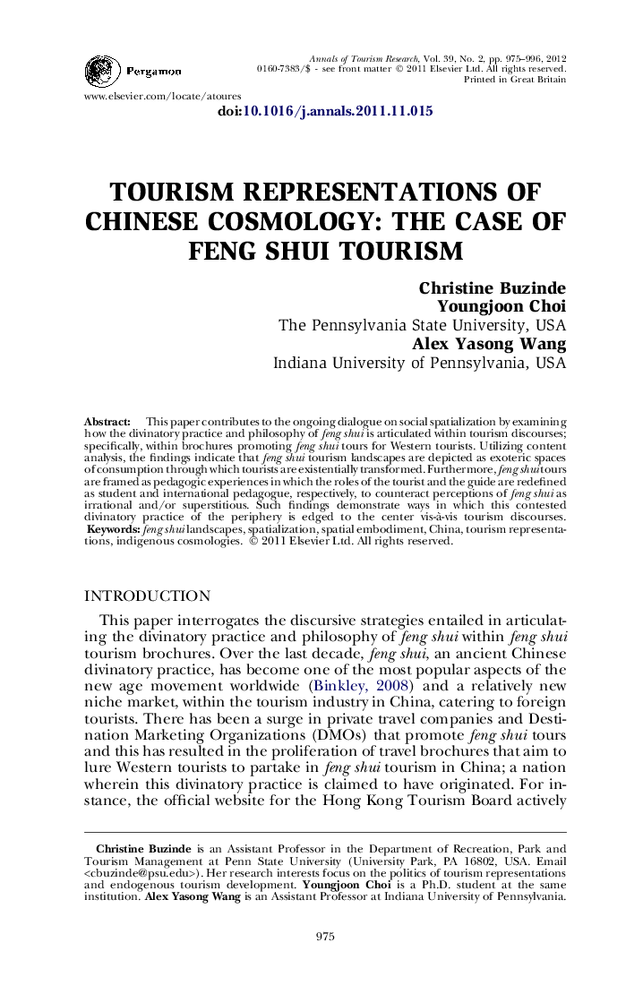 Tourism Representations of Chinese Cosmology: The Case of Feng Shui Tourism