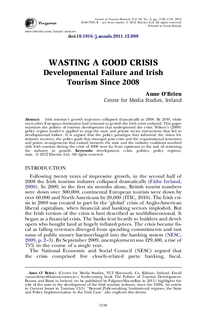 Wasting a good crisis: Developmental Failure and Irish Tourism Since 2008