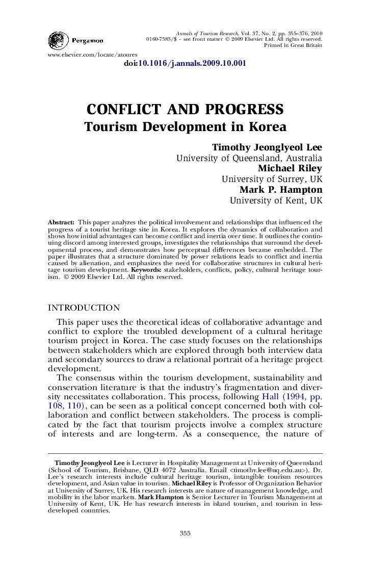 CONFLICT AND PROGRESS: Tourism Development in Korea