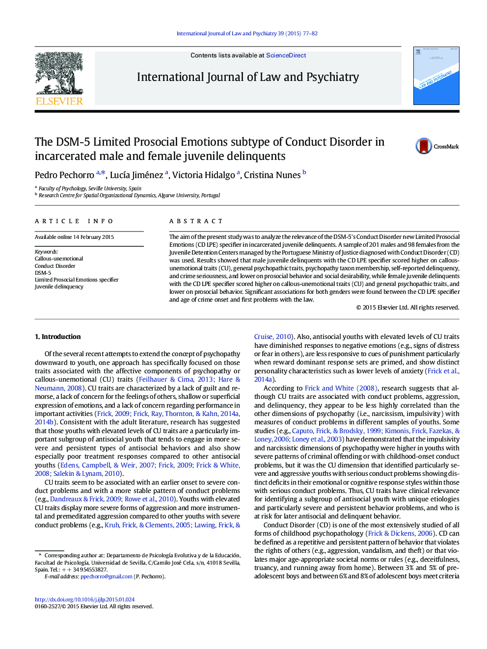 The DSM-5 Limited Prosocial Emotions subtype of Conduct Disorder in incarcerated male and female juvenile delinquents