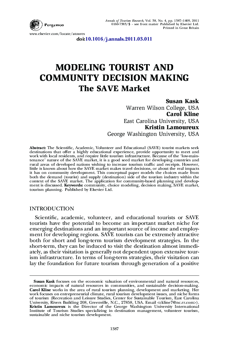 Modeling tourist and community decision making: The SAVE Market