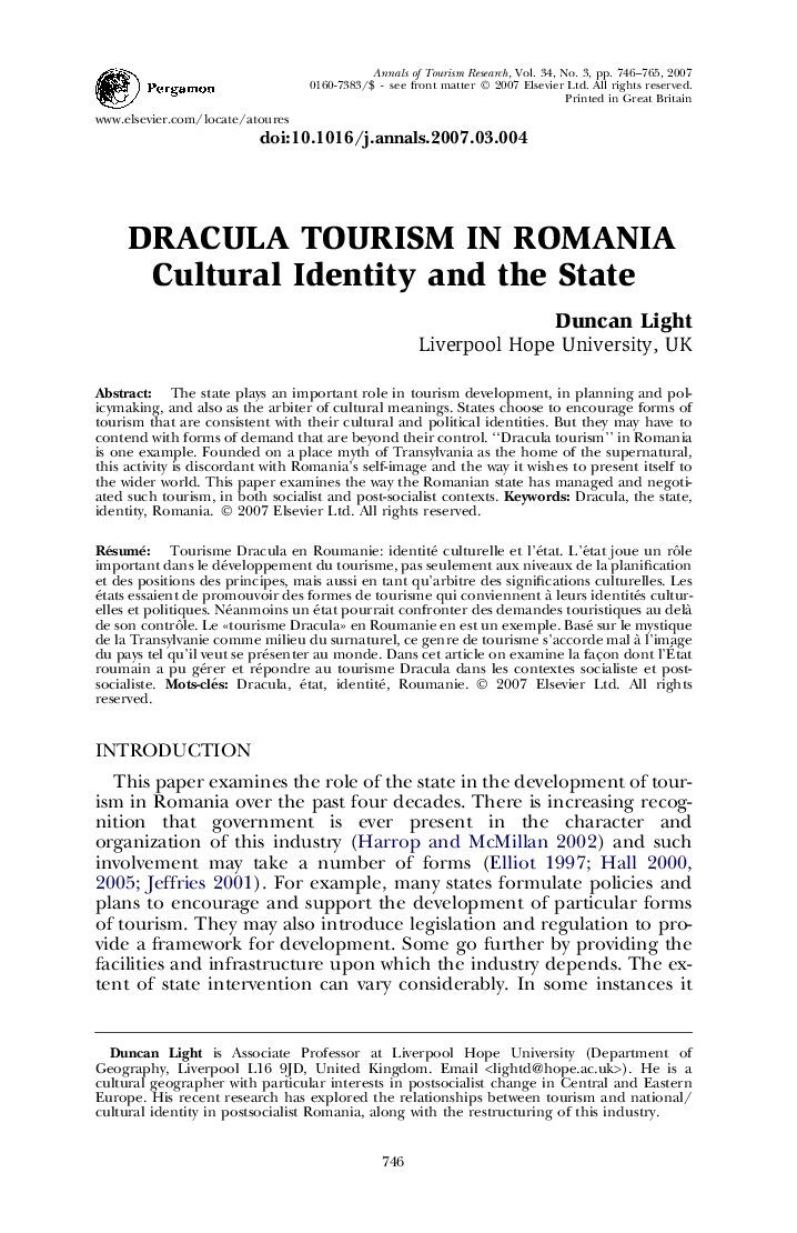 Dracula tourism in Romania Cultural identity and the state