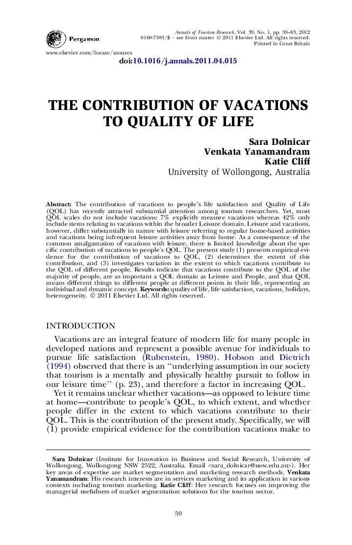 The contribution of vacations to quality of life