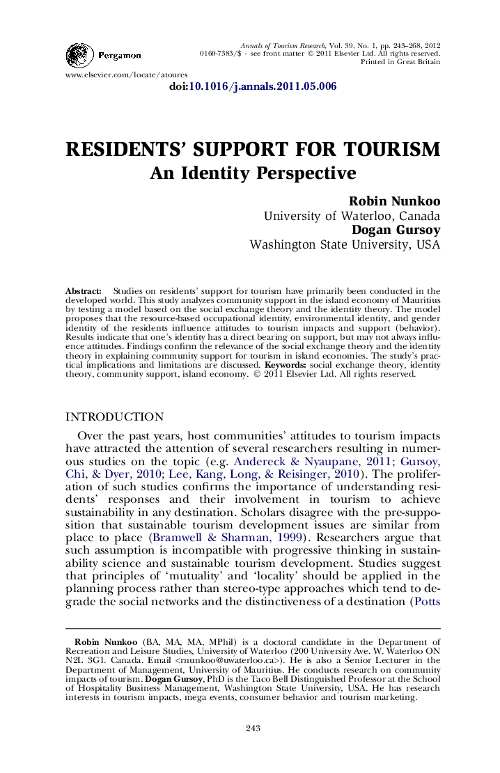 Residents’ support for tourism: An Identity Perspective