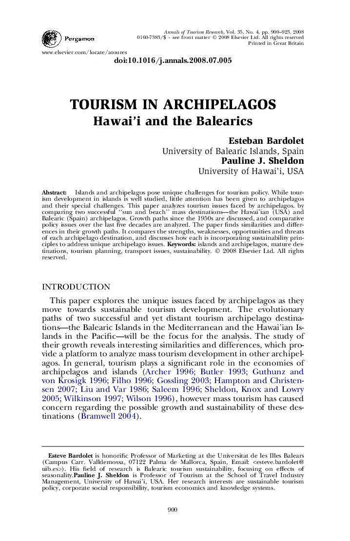 Tourism in archipelagos: Hawai’i and the Balearics