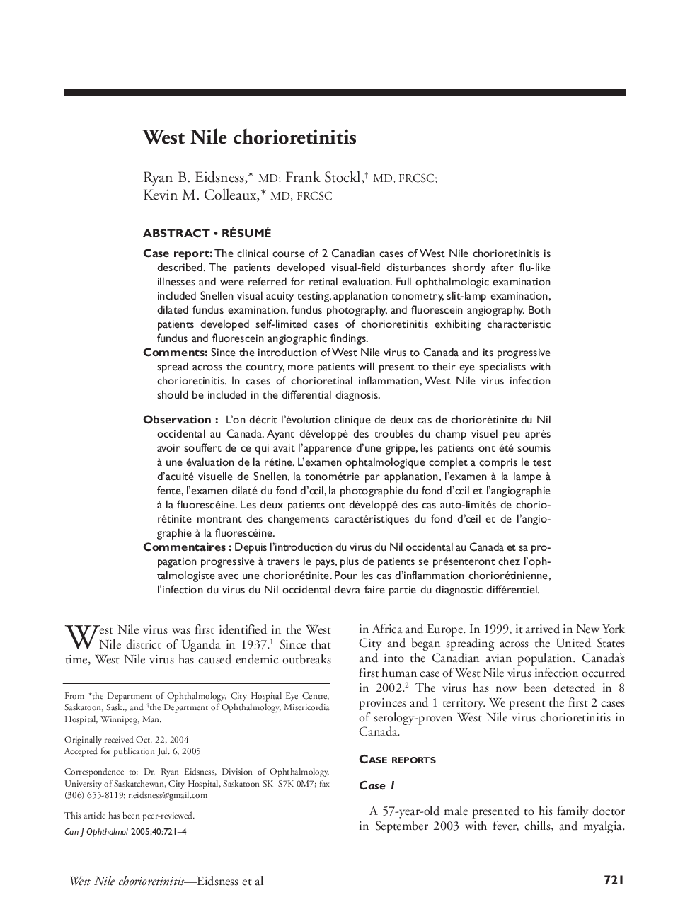 West Nile chorioretinitis