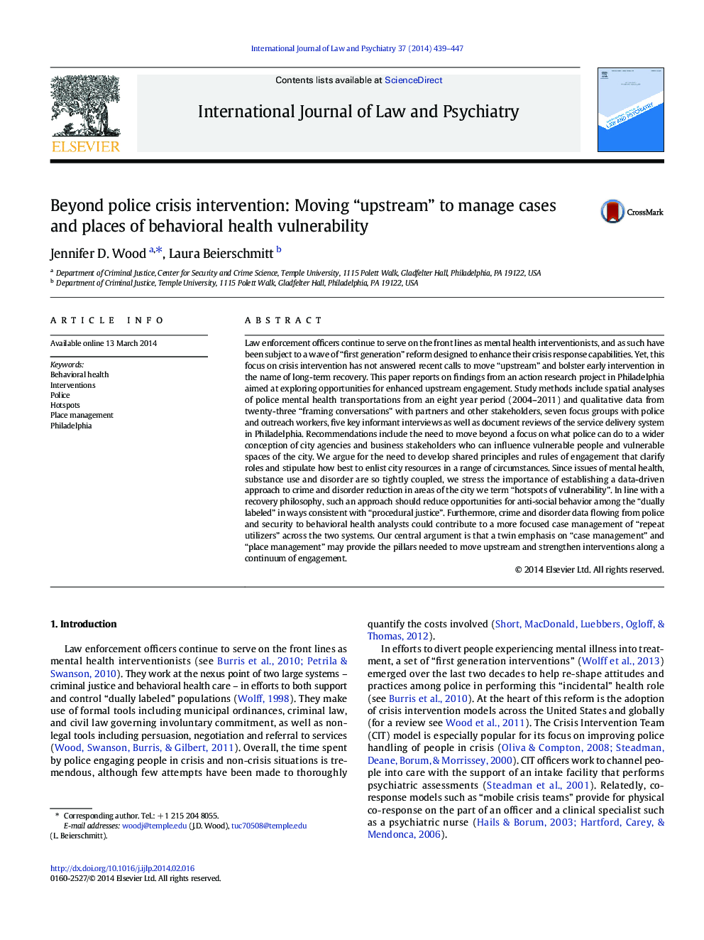 Beyond police crisis intervention: Moving “upstream” to manage cases and places of behavioral health vulnerability