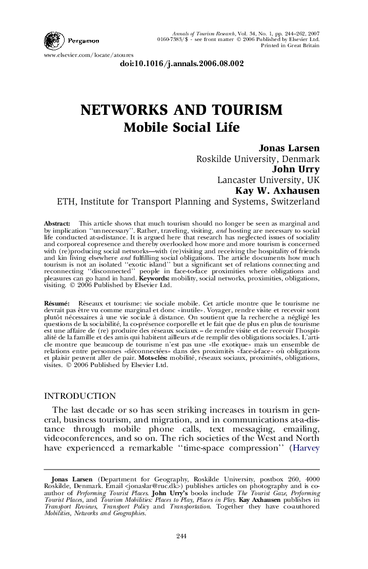 Networks and tourism: Mobile Social Life