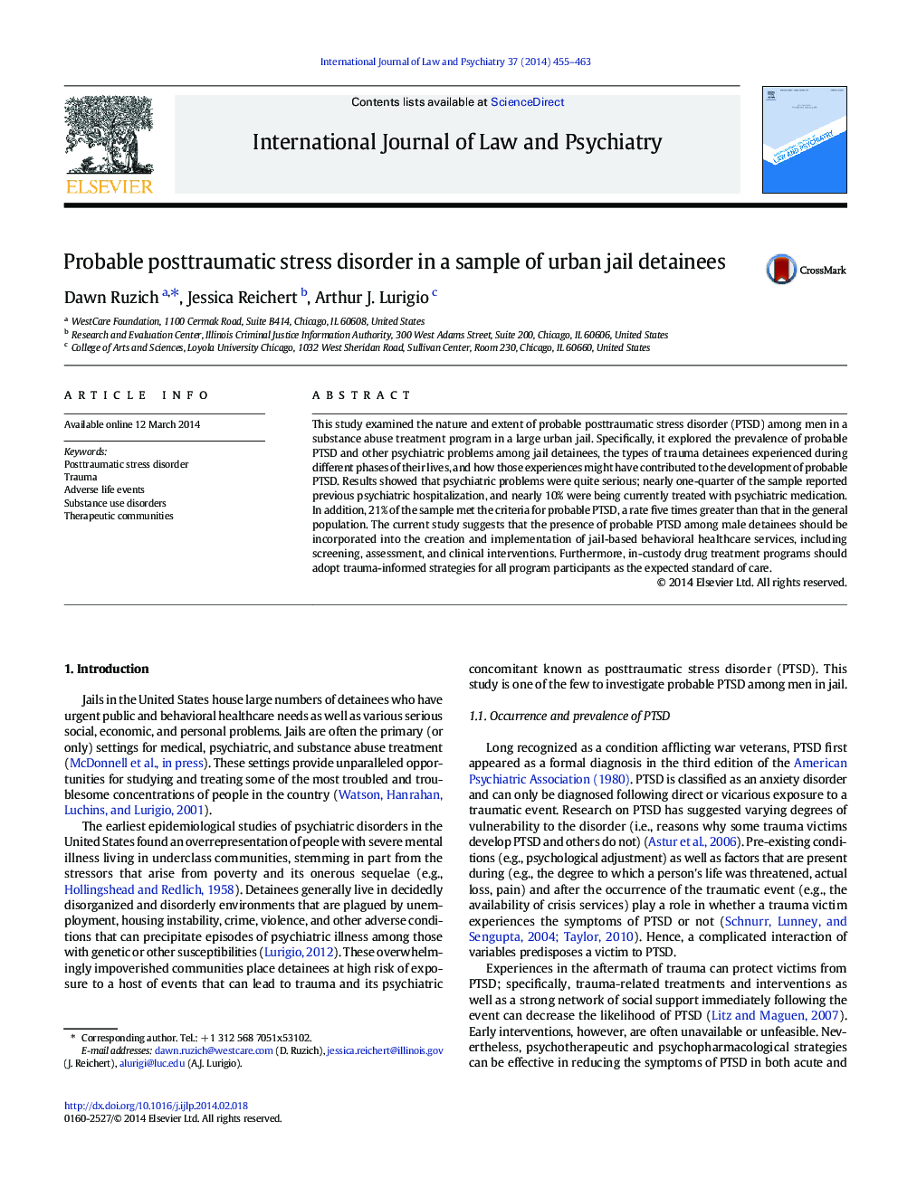 Probable posttraumatic stress disorder in a sample of urban jail detainees