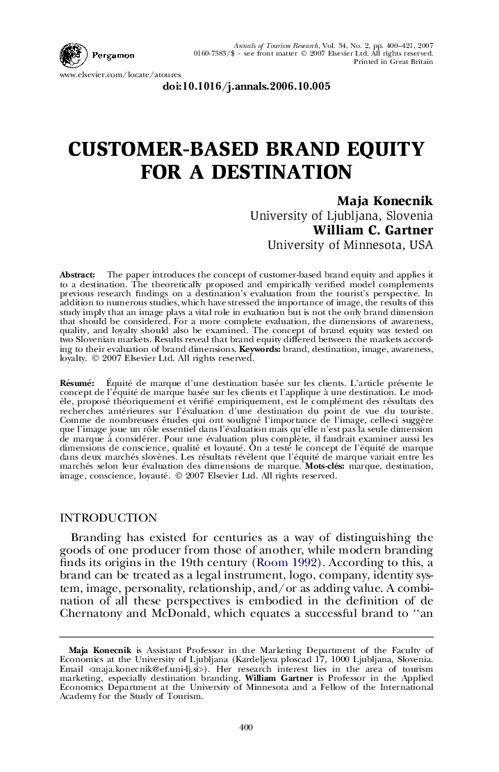 Customer-based brand equity for a destination