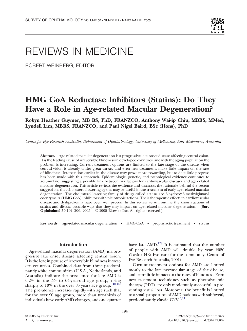 HMG CoA Reductase Inhibitors (Statins): Do They Have a Role in Age-related Macular Degeneration?