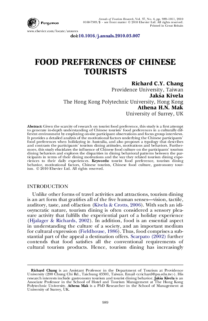 Food preferences of Chinese tourists