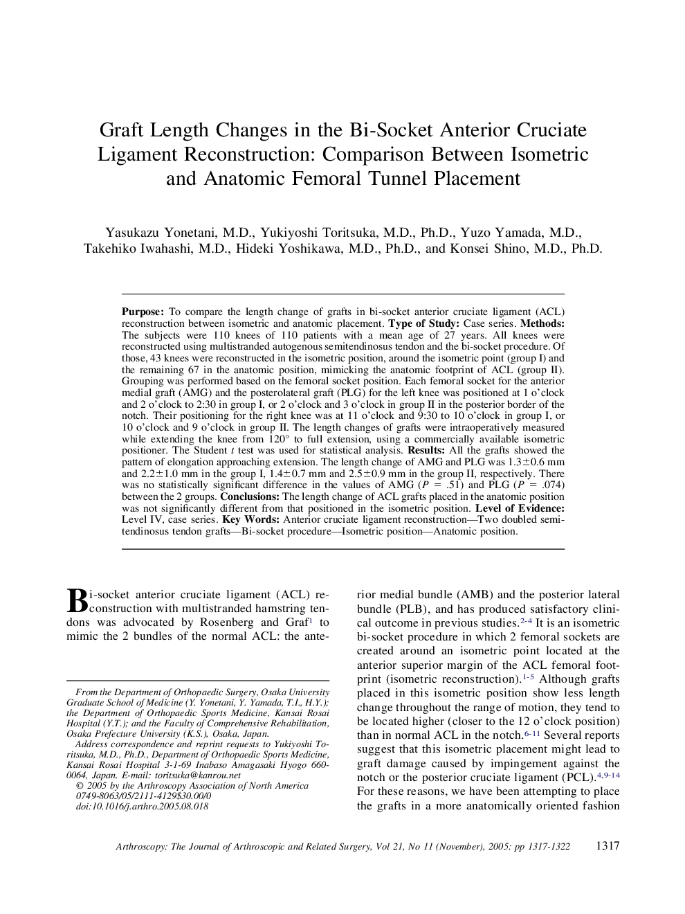 Graft Length Changes in the Bi-Socket Anterior Cruciate Ligament Reconstruction: Comparison Between Isometric and Anatomic Femoral Tunnel Placement