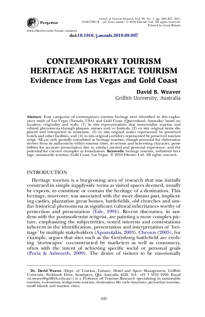 Contemporary tourism heritage as heritage tourism: Evidence from Las Vegas and Gold Coast