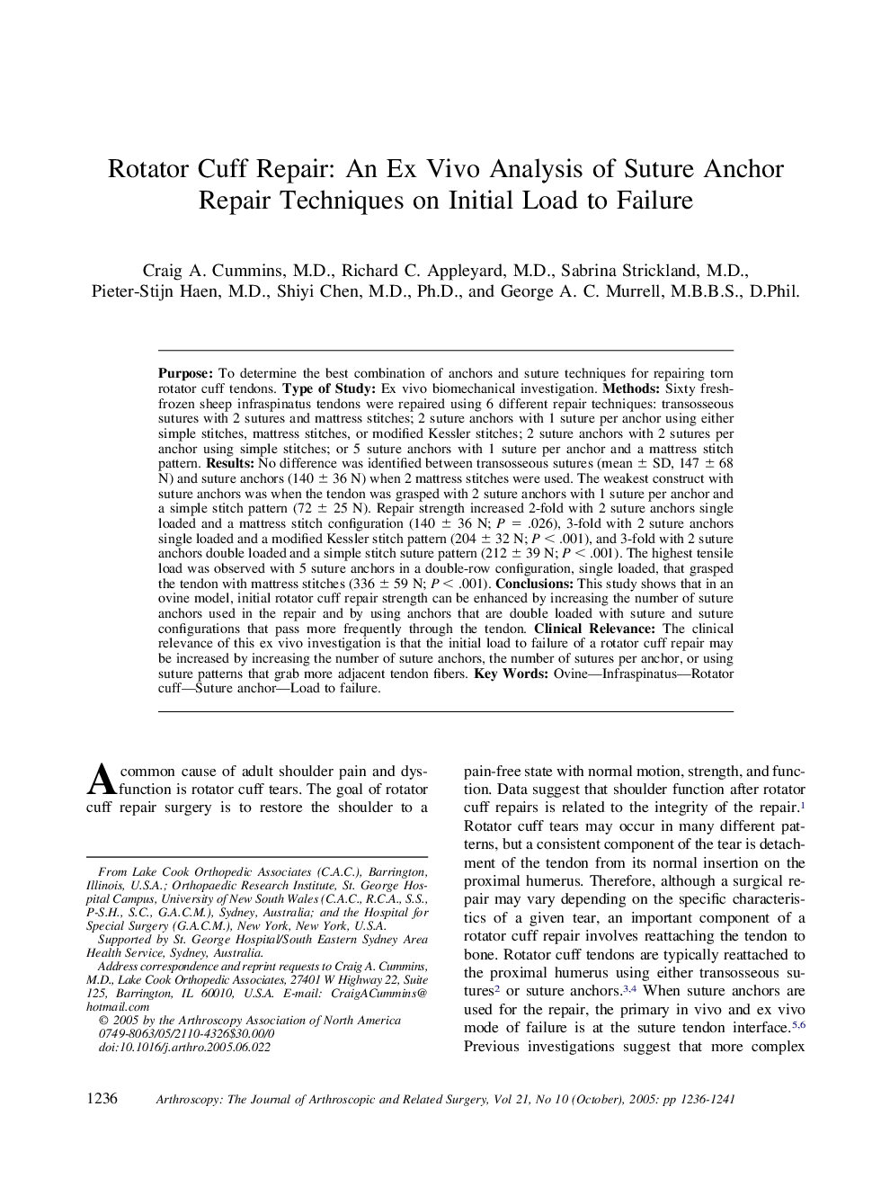 Rotator Cuff Repair: An Ex Vivo Analysis of Suture Anchor Repair Techniques on Initial Load to Failure