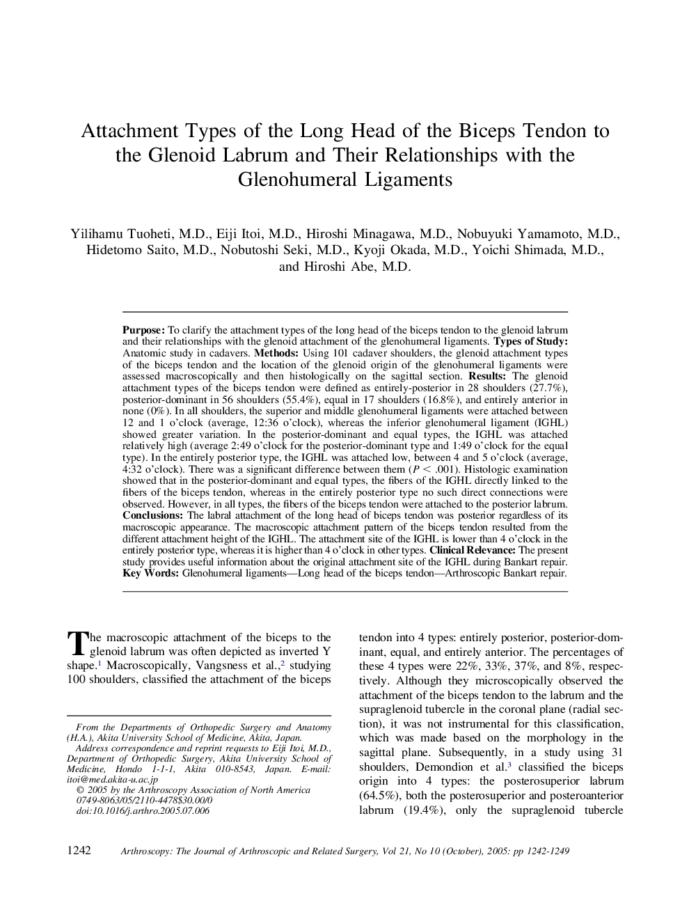 Attachment Types of the Long Head of the Biceps Tendon to the Glenoid Labrum and Their Relationships with the Glenohumeral Ligaments