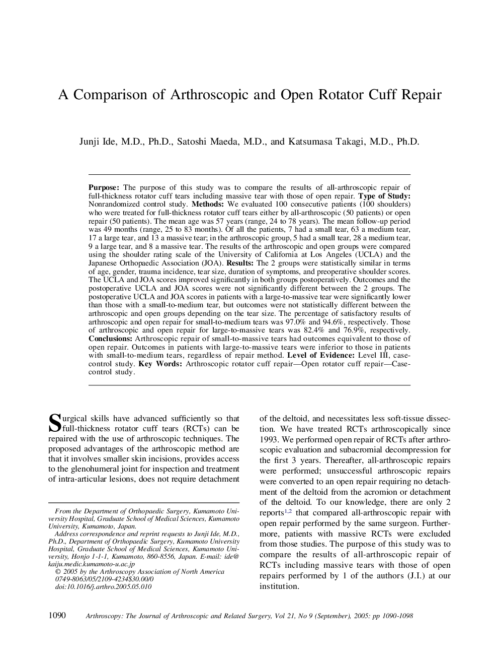 A Comparison of Arthroscopic and Open Rotator Cuff Repair