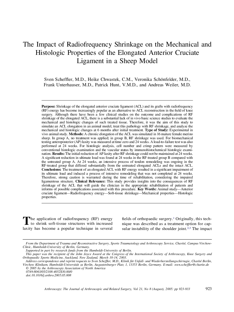 The Impact of Radiofrequency Shrinkage on the Mechanical and Histologic Properties of the Elongated Anterior Cruciate Ligament in a Sheep Model