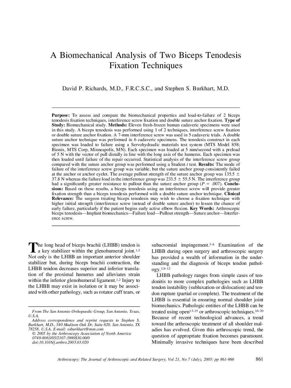 A Biomechanical Analysis of Two Biceps Tenodesis Fixation Techniques