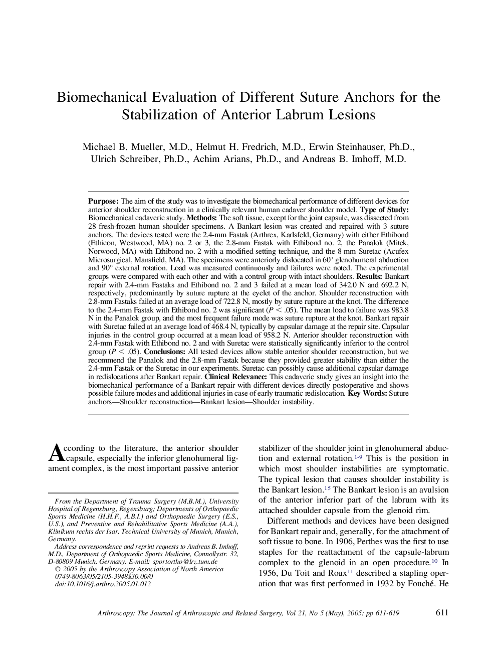 Biomechanical Evaluation of Different Suture Anchors for the Stabilization of Anterior Labrum Lesions