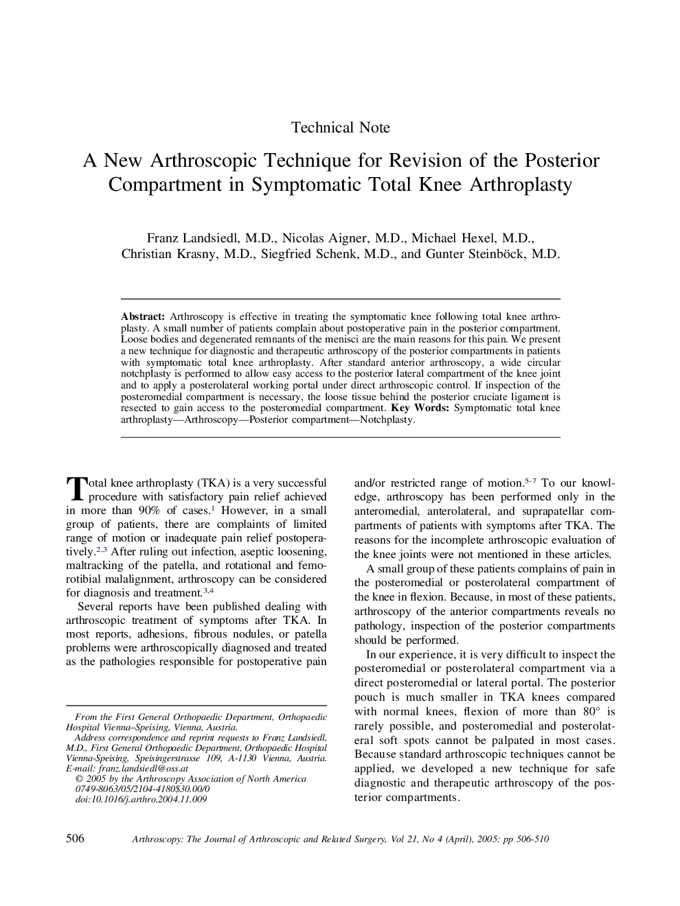 A new arthroscopic technique for revision of the posterior compartment in symptomatic total knee arthroplasty