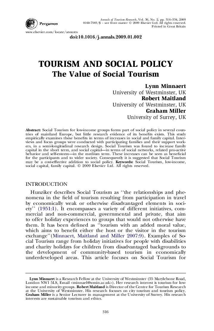 TOURISM AND SOCIAL POLICY: The Value of Social Tourism