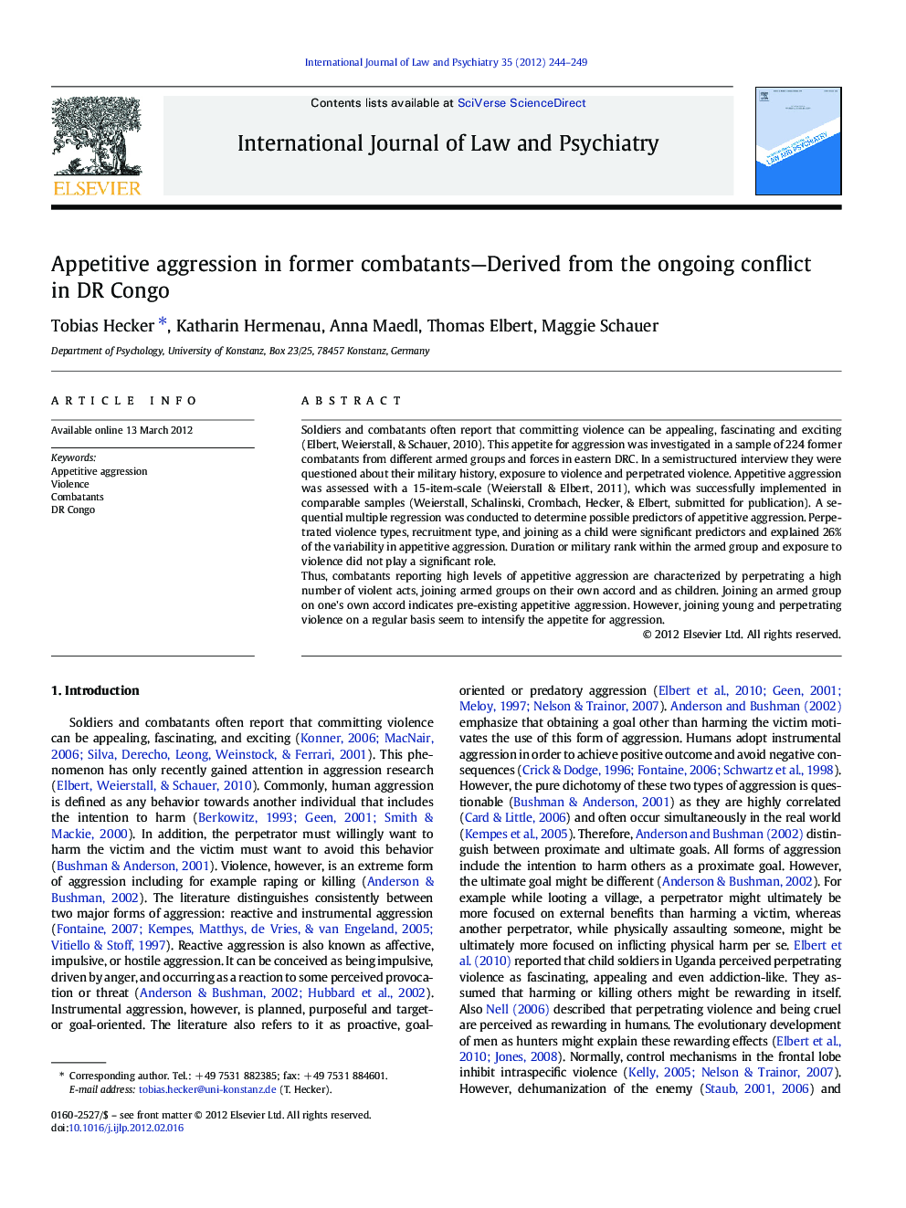 Appetitive aggression in former combatants—Derived from the ongoing conflict in DR Congo