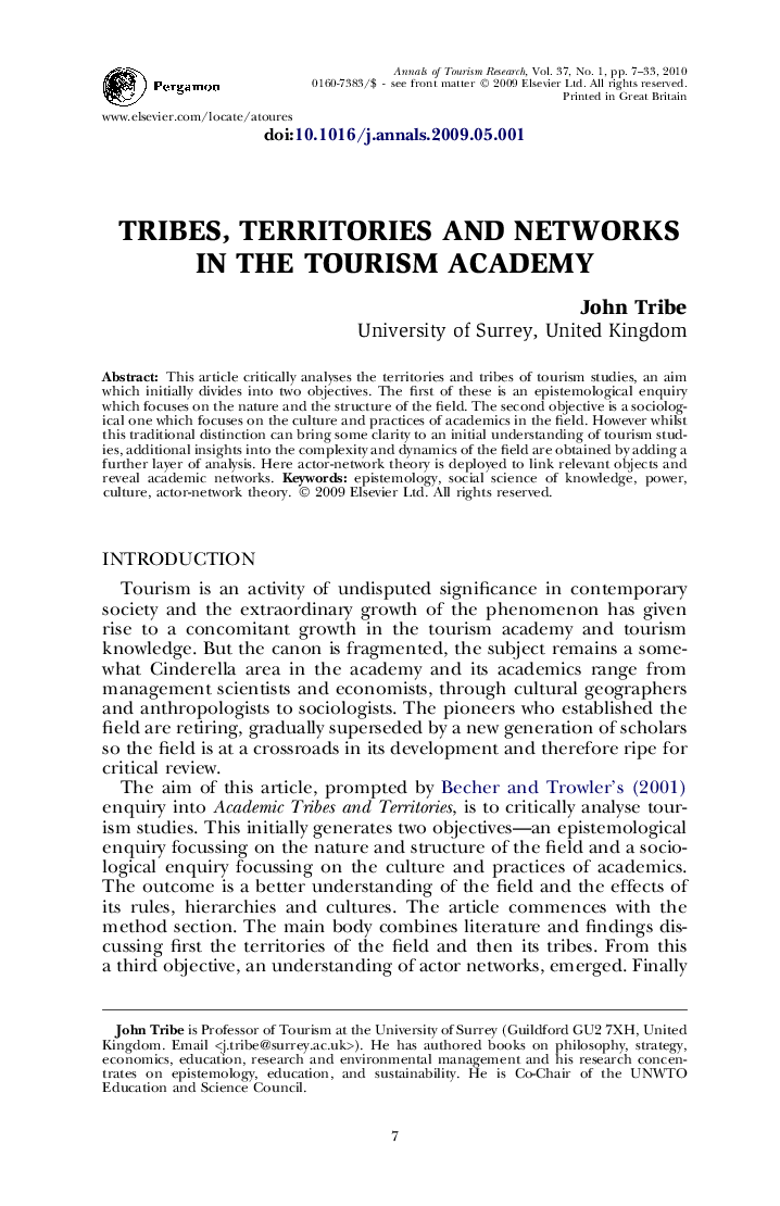 TRIBES, TERRITORIES AND NETWORKS IN THE TOURISM ACADEMY