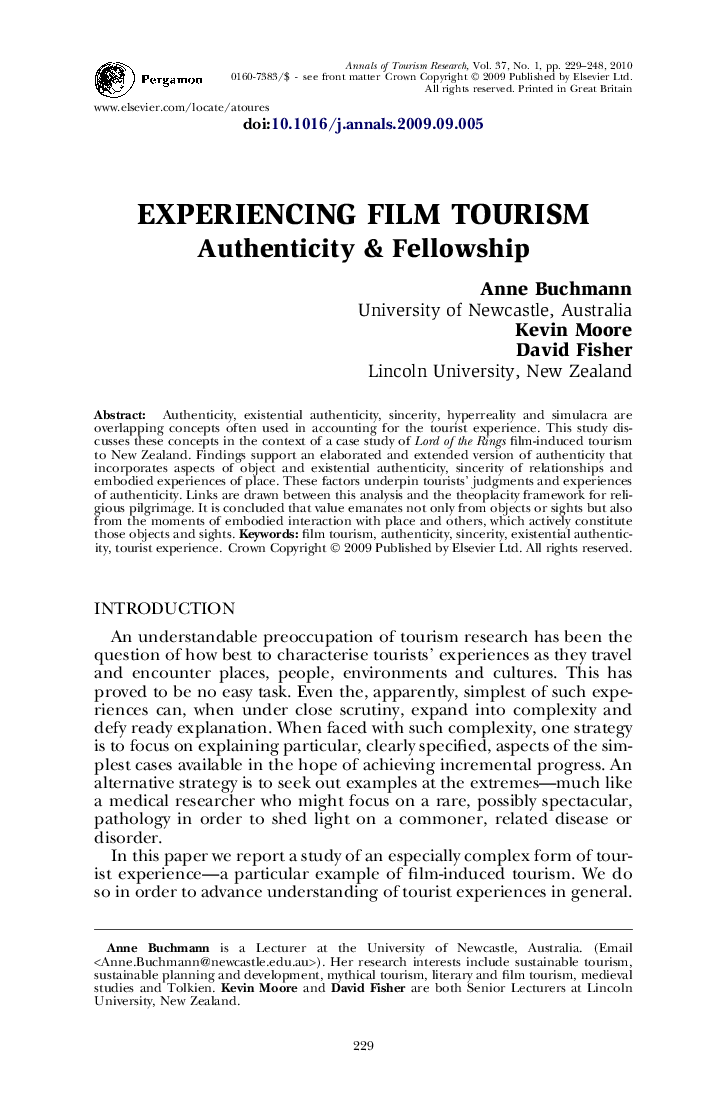 EXPERIENCING FILM TOURISM: Authenticity & Fellowship