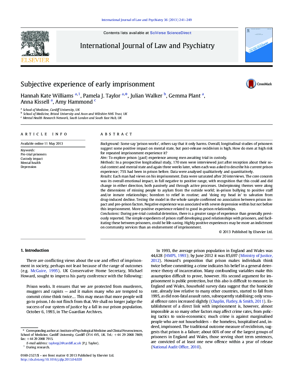 Subjective experience of early imprisonment