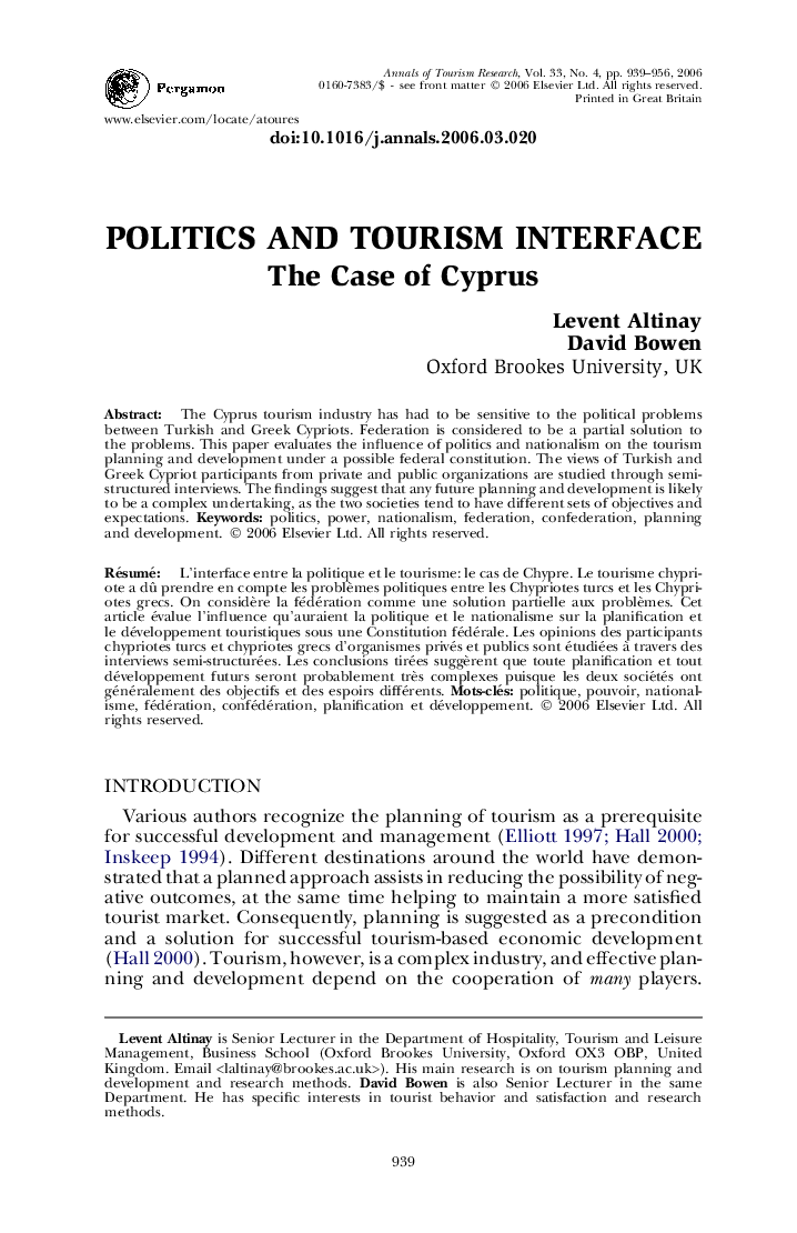 Politics and tourism interface: The Case of Cyprus