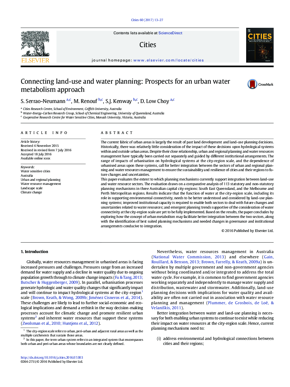 Connecting land-use and water planning: Prospects for an urban water metabolism approach
