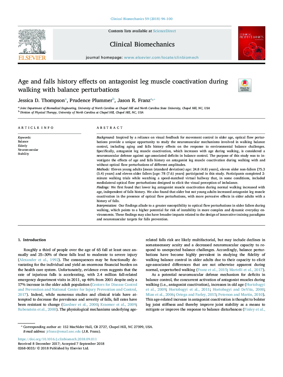 Age and falls history effects on antagonist leg muscle coactivation during walking with balance perturbations