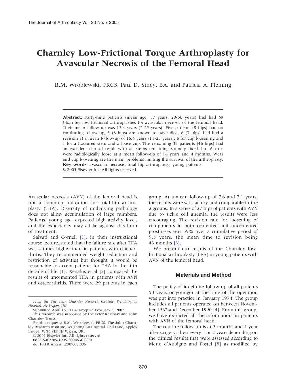 عکس صفحه اول مقاله: Charnley Low-Frictional Torque Arthroplasty for Avascular Necrosis of the Femoral Head Charnley Low-Frictional Torque Arthroplasty for Avascular Necrosis of the Femoral Head
