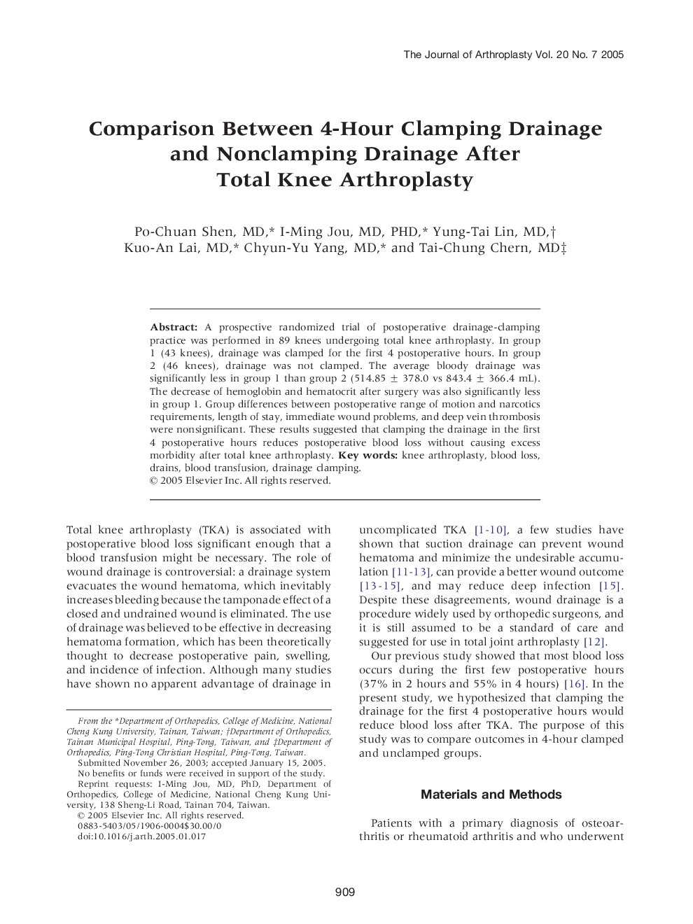 Comparison Between 4-Hour Clamping Drainage and Nonclamping Drainage After Total Knee Arthroplasty