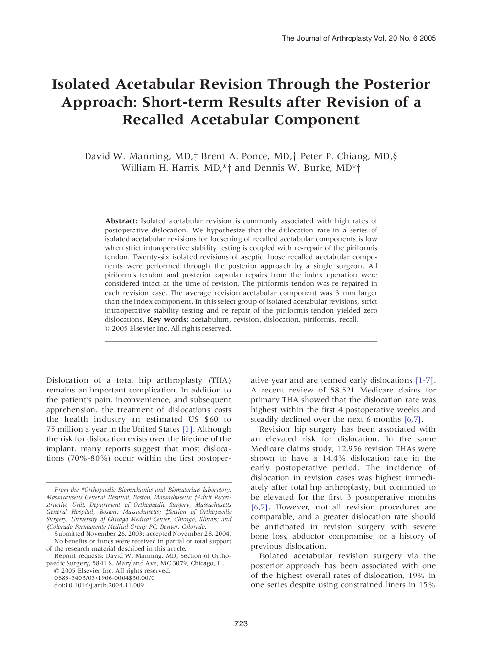 Isolated Acetabular Revision Through the Posterior Approach: Short-term Results after Revision of a Recalled Acetabular Component