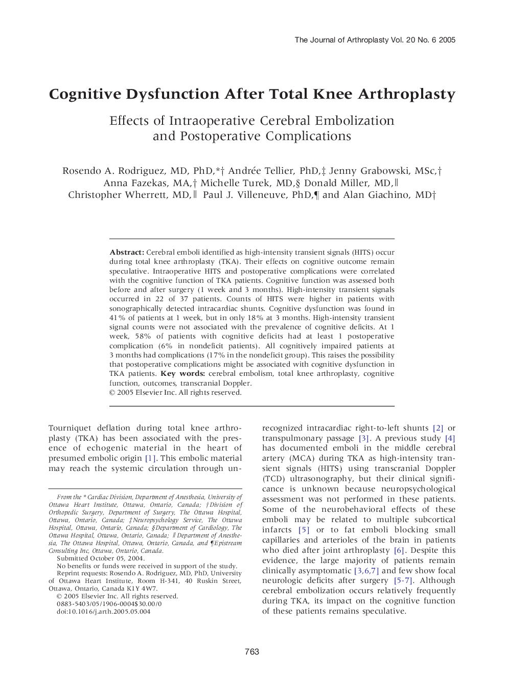 Cognitive Dysfunction After Total Knee Arthroplasty