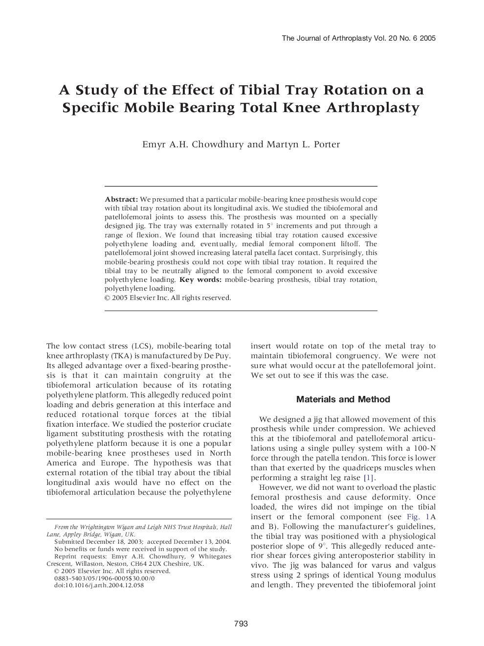 A Study of the Effect of Tibial Tray Rotation on a Specific Mobile Bearing Total Knee Arthroplasty
